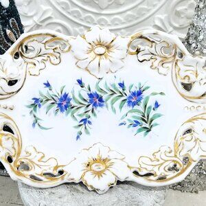 Antique Carl Tielsch Germany Reticulated Blue Flowers Platter Bowl Gilt Enameled